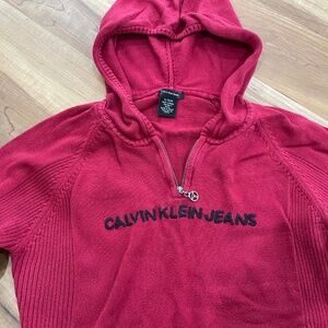 Calvin Klein Jeans Red Ribbed 1/4 Zip Hoodie L/XL